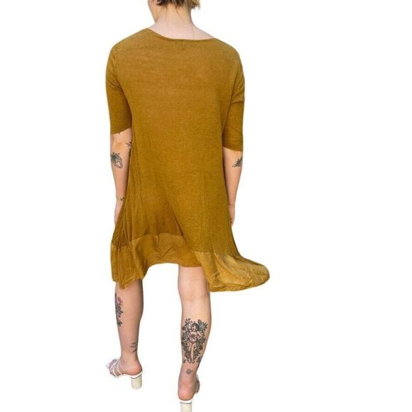 Eileen Fisher Womens Mustard Yellow Knit Linen Silk V neck Mini Dress Sz M - Picture 4 of 6